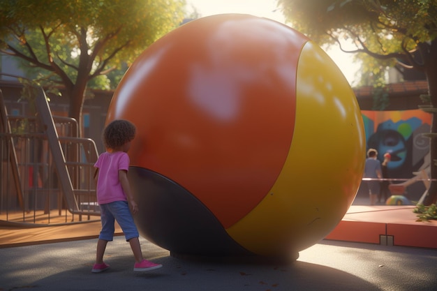 Una niña juega con una pelota de playa gigante en un parque.