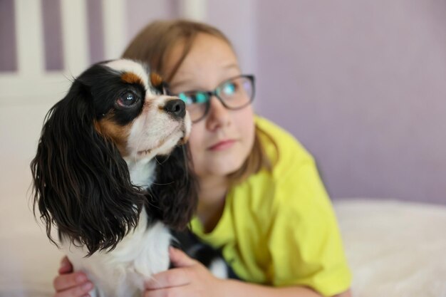 Niña juega con perro king charles spaniel sobre fondo claro, enfoque suave