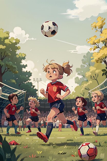 niña jugando al fútbol con amigos en el campus infancia feliz fondo de papel tapiz de dibujos animados