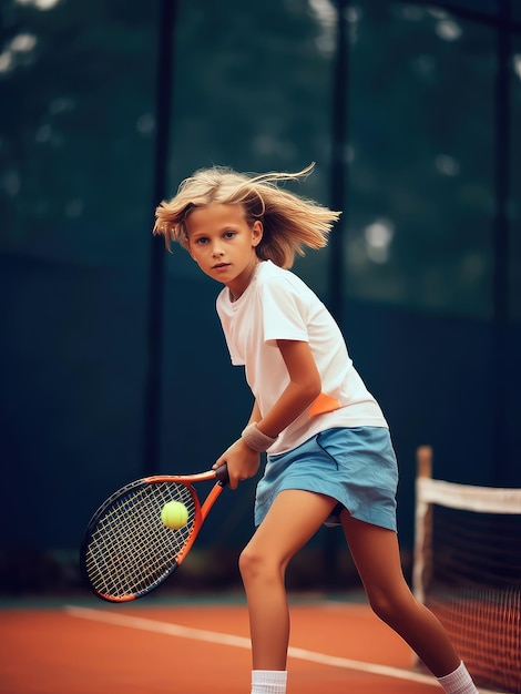 Niña jugando al tenis en la cancha