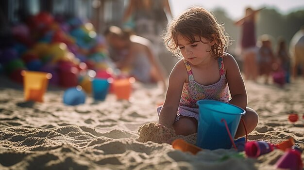 Una niña jugando en la arena con un balde y un balde.