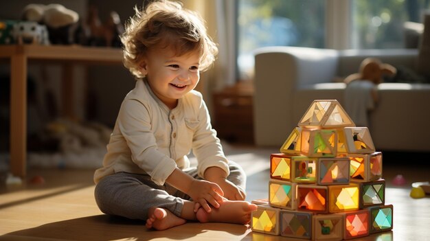 Foto niña jugando con bloques de colores