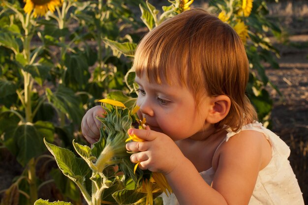 Niña jugando en el campo de girasol.