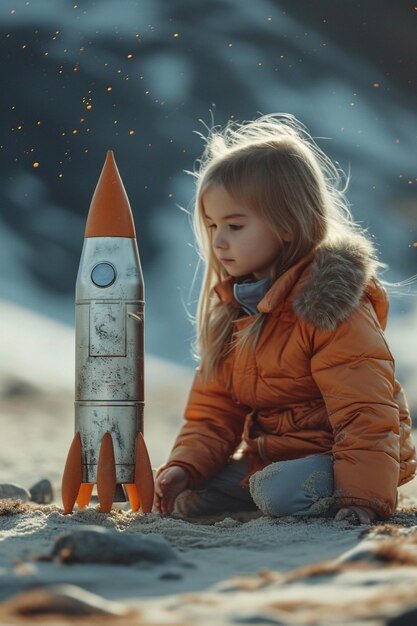 Niña jugando con un cohete en la luna