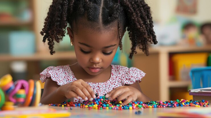 Niña jugando con cuentas de colores en el aula