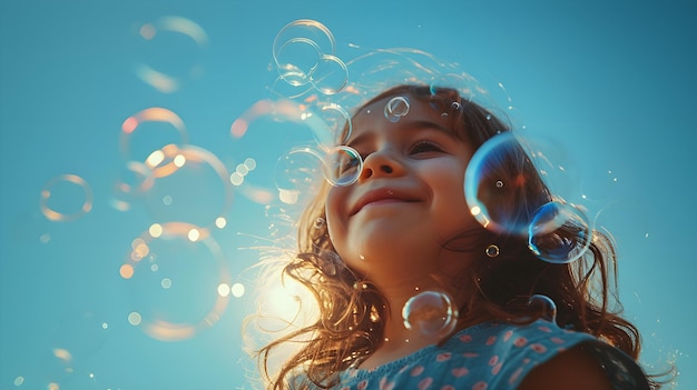 Foto una niña jugando felizmente con burbujas de jabón