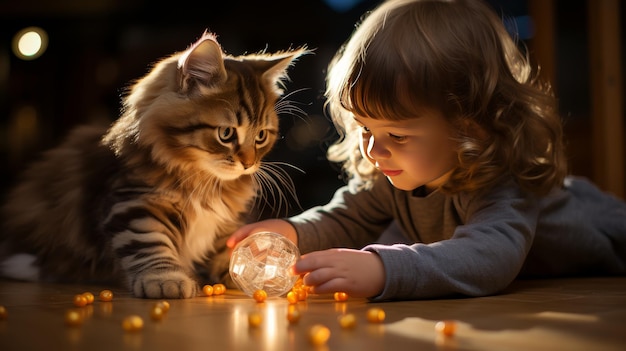 Niña jugando con el gato en el suelo