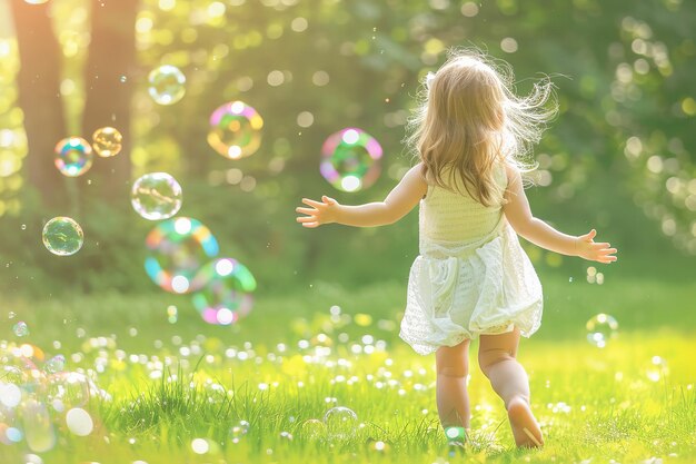 Foto una niña jugando en la hierba con burbujas