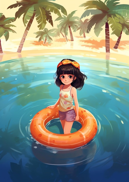 Una niña jugando en la ilustración de la playa.