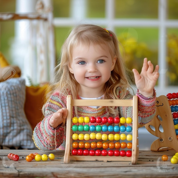 Foto una niña jugando con un juguete con una caja de madera que dice la palabra en ella