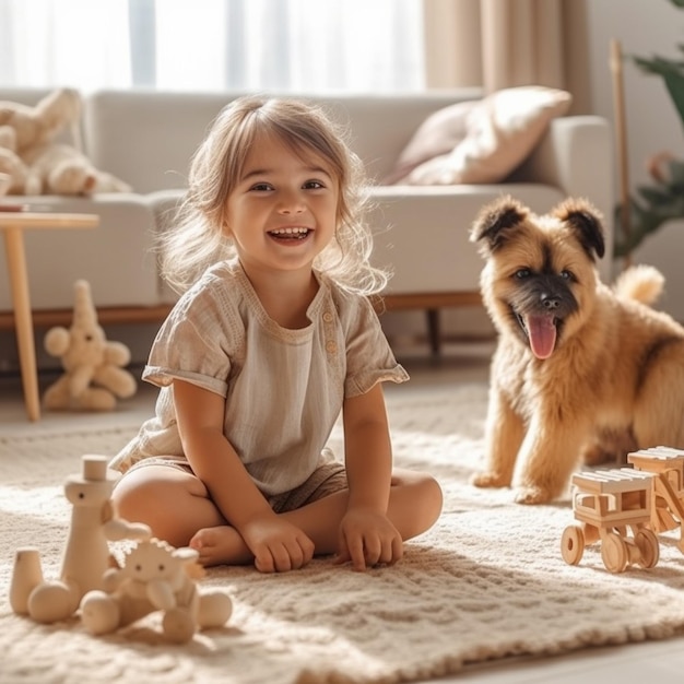 una niña jugando con un juguete y un perro al fondo.