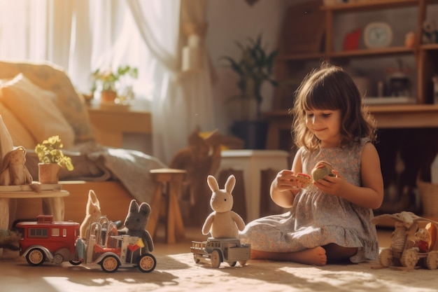 Una niña jugando con juguetes en una habitación.