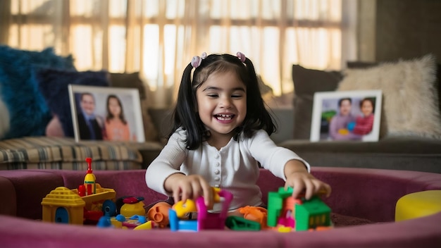 Niña jugando con juguetes en la sala de estar