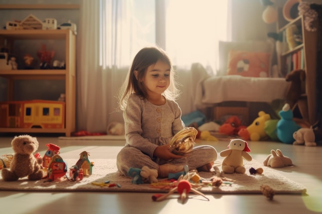 Una niña jugando con juguetes en el suelo.