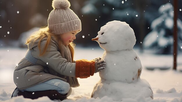 niña jugando con un muñeco de nieve