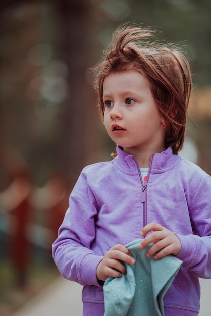 Una niña jugando en el parque. El concepto de socialización familiar en el parque. Una niña se balancea en un columpio, juega juegos creativos.