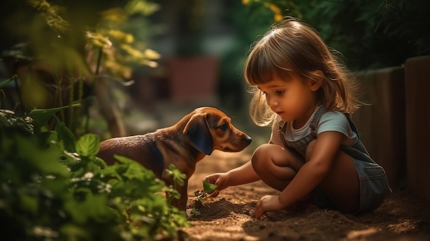 Una niña jugando con un perro