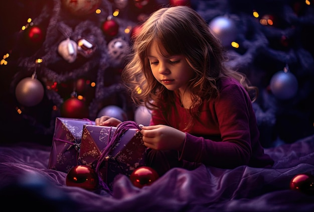 Niña jugando con regalos alrededor del árbol de navidad generado por ai