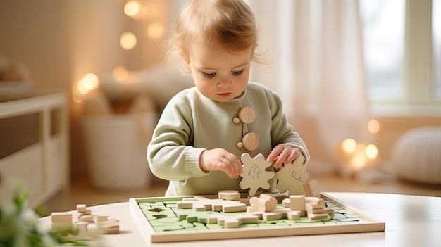 Niña jugando con un rompecabezas de madera algunos juguetes en un entorno soleado