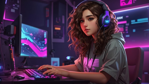 niña jugando un videojuego mientras usa auriculares