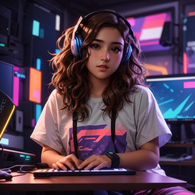 niña jugando un videojuego mientras usa auriculares