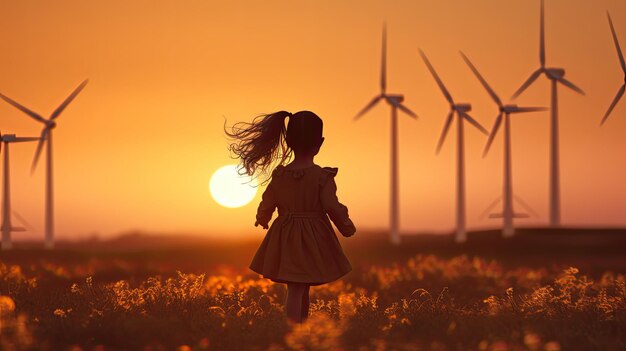 Niña con juguete de viento corriendo en la pradera al atardecer su silueta