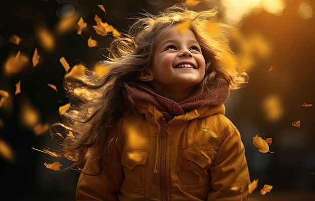 una niña juguetona en otoño jugando con hojas amarillas al estilo de color naranja oscuro y gol claro