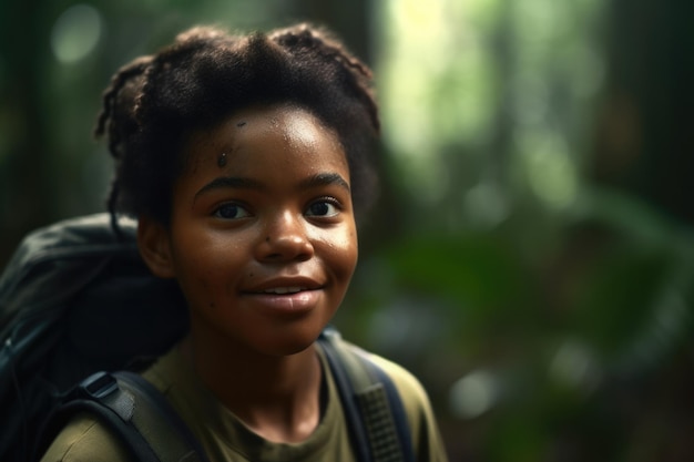 Una niña en la jungla con una mochila.