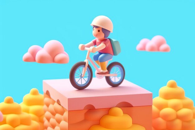 Foto niña kawaii en bicicleta en las nubes en el país de las maravillas concepto minimalista