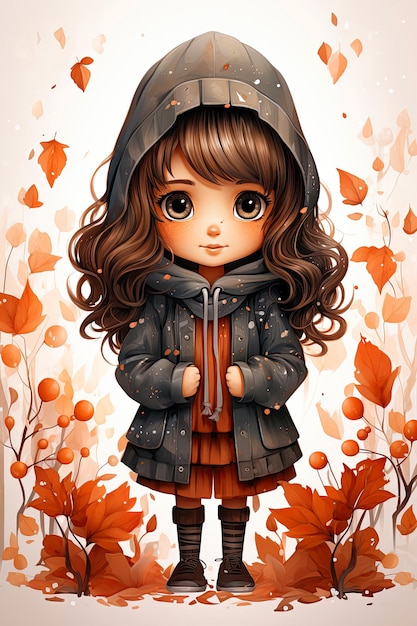 Niña kawaii en un manto sobre un fondo otoñal de hojas y flores Lindos personajes de un cuento de hadas del bosque Postales de otoño Ilustración generativa de IA