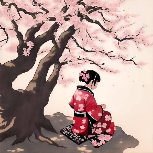 Niña en kimono sentada bajo un árbol de sakura