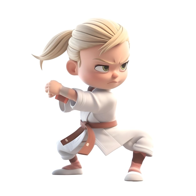 Niña de kung fu en un fondo blanco renderización en 3D