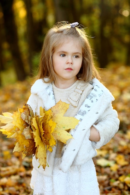 Niña lanza hojas de otoño en el parque de otoño