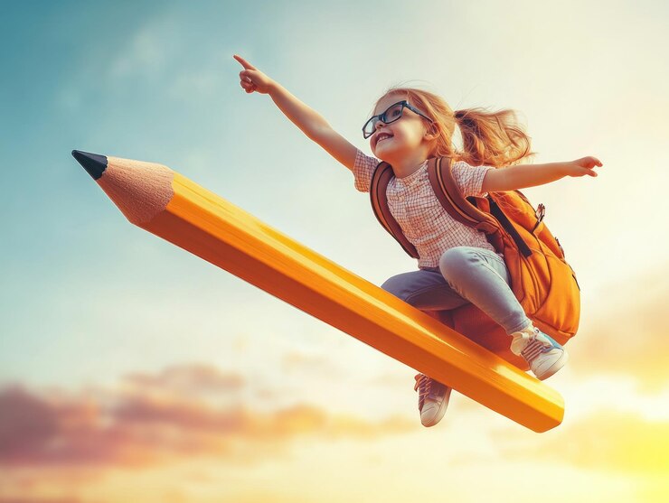 Niña con un lápiz volando por el cielo