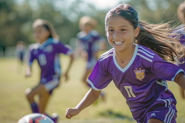 Niña latina jugando al fútbol al aire libre con camiseta de camiseta en un día soleado IA generativa