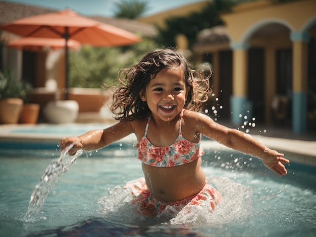 Una niña latina jugando en la piscina.