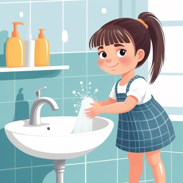 Una niña se lavaba las manos estilo de ilustración de libros infantiles ai generativo