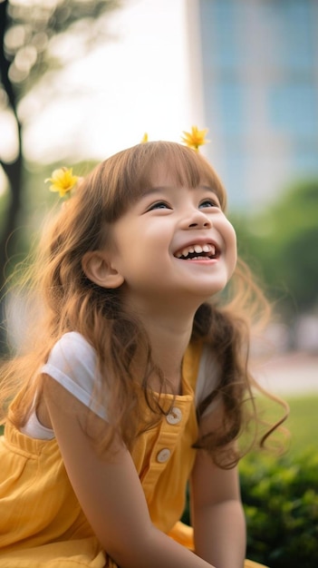 una niña con un lazo amarillo en el cabello