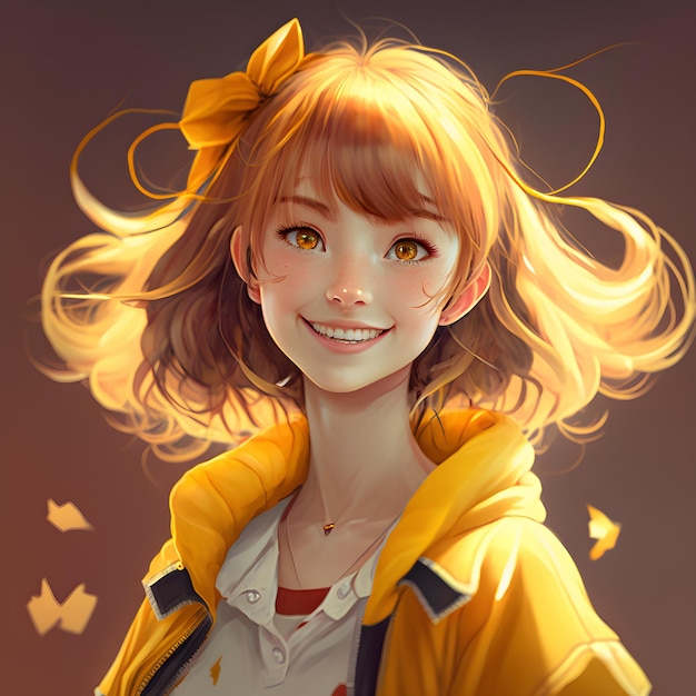 Una niña con un lazo amarillo está sonriendo y tiene una chaqueta amarilla en la camisa que dice "hola gatito".