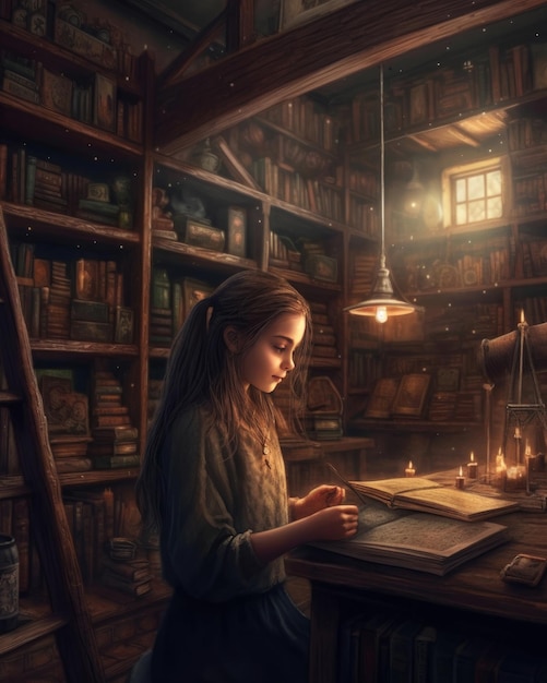 Una niña lee un libro en una biblioteca.