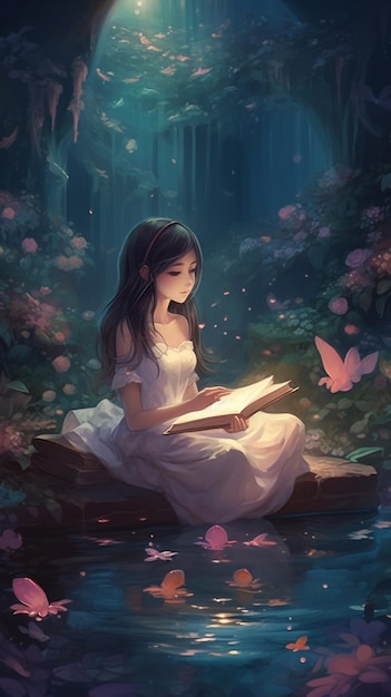 Una niña lee un libro en un bosque.