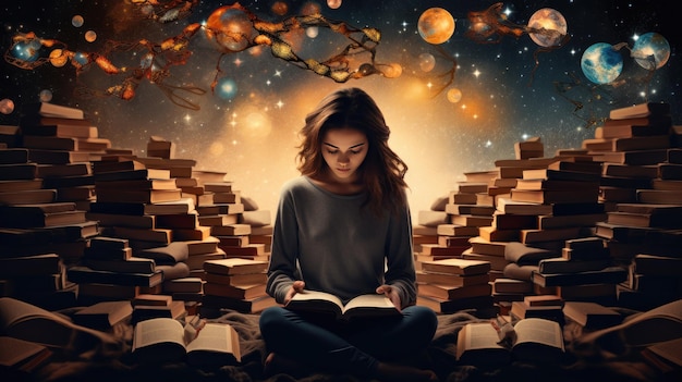una niña lee un libro concepto de fondo del día del libro