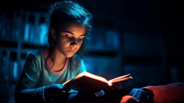 Una niña lee un libro en un cuarto oscuro.