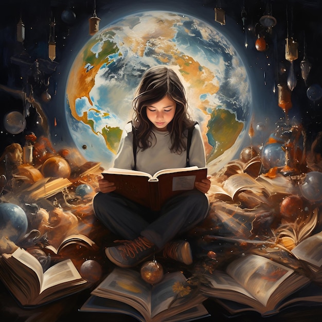 una niña lee un libro con la tierra al fondo