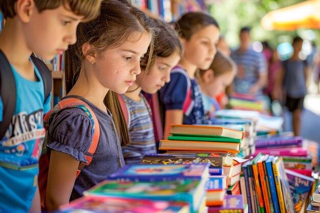 Niña leyendo en una colorida feria del libro con otros niños en el fondo