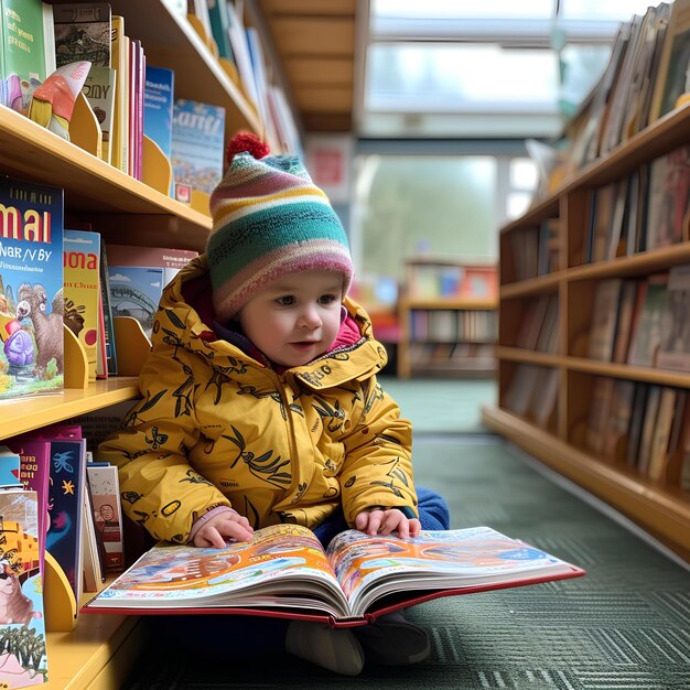 Foto una niña leyendo un libro en una biblioteca