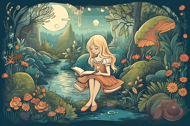 Una niña leyendo un libro en un bosque.