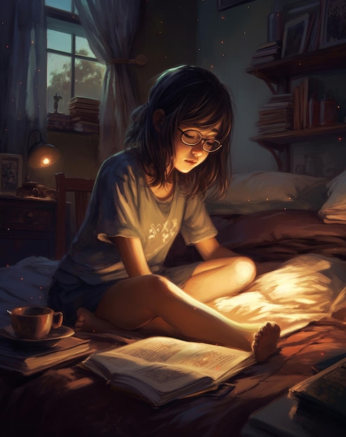 Una niña leyendo un libro en un cuarto oscuro.