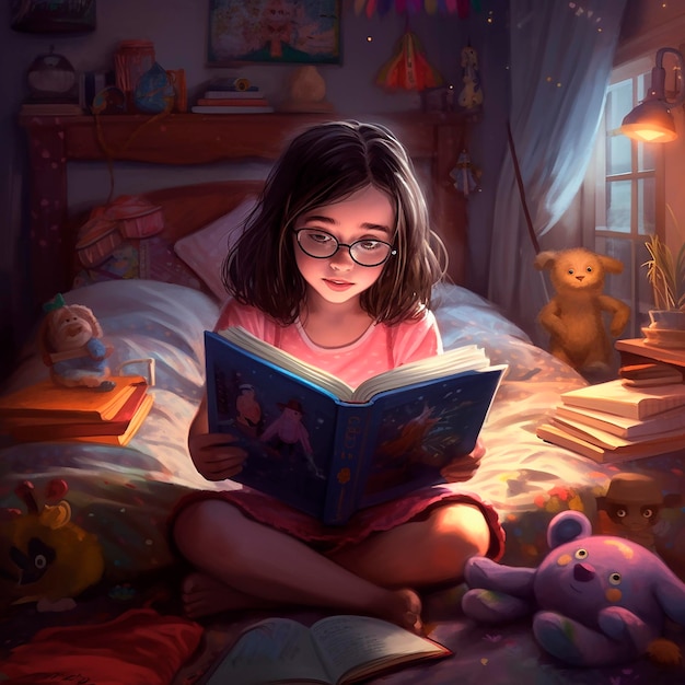 niña leyendo un libro en el dormitorio