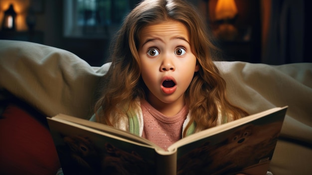 Una niña leyendo un libro con expresión de sorpresa.